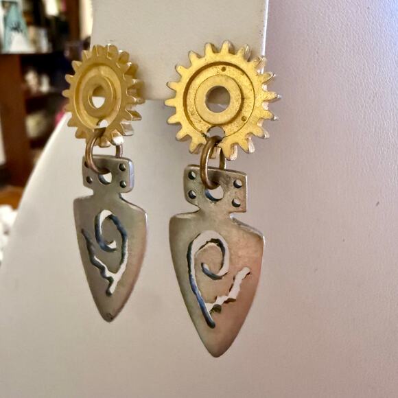 Steampunk Mixed Metal Handcrafted Artisan Drop Earrings - Picture 3 of 6